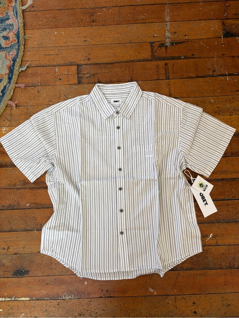 NWT Obey Fair Trade cotton striped black and white button up tee size L